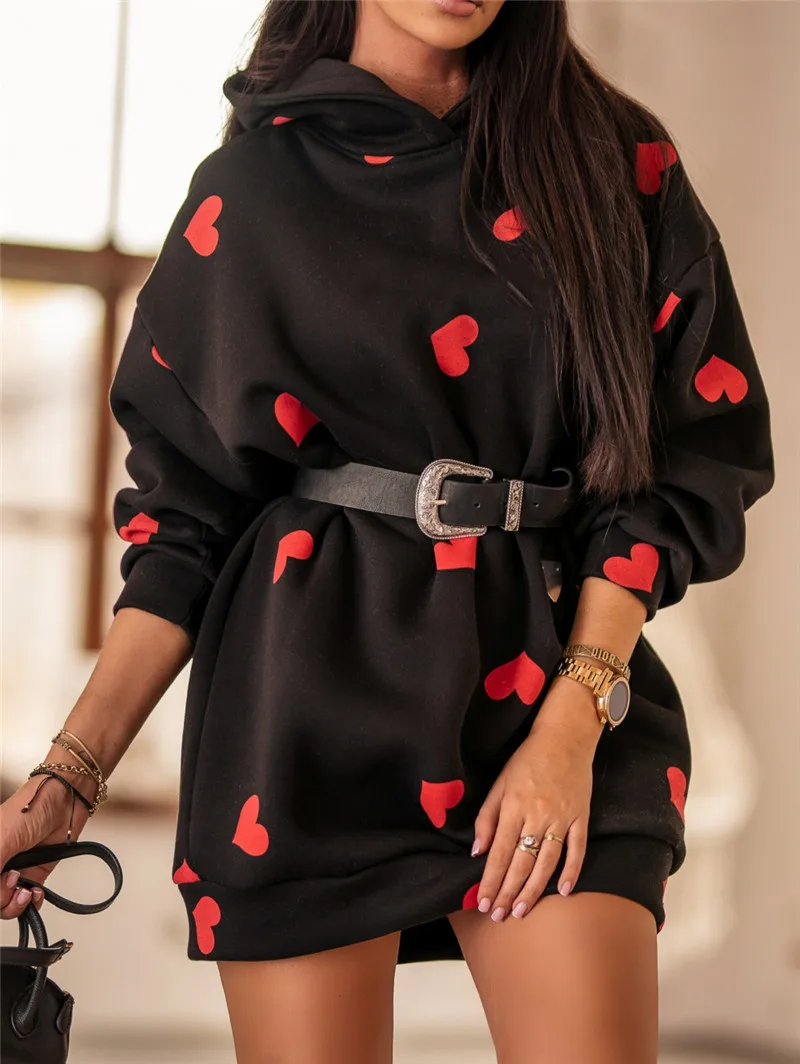 

Women's Autumn and Winter Long Hooded Sweatershirt Loose Heart-shaped Printed Long Sleeve Casual Loose Pullover Tops