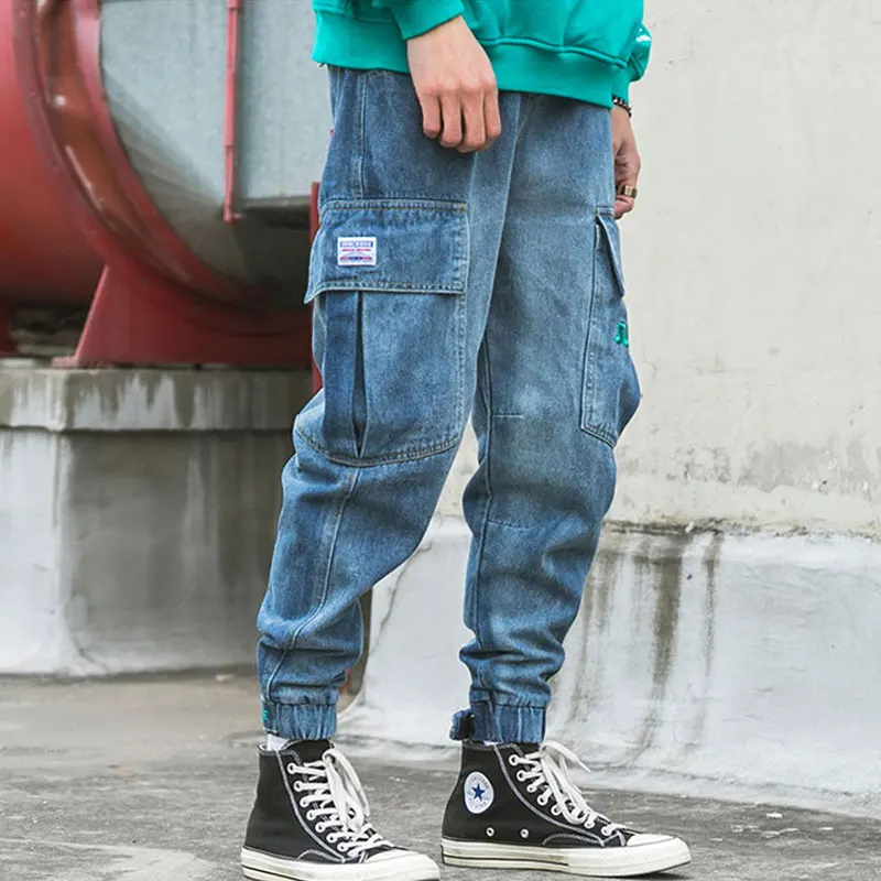 Мужские джинсы в стиле ретро синие свободные джинсовые брюки карго с большими