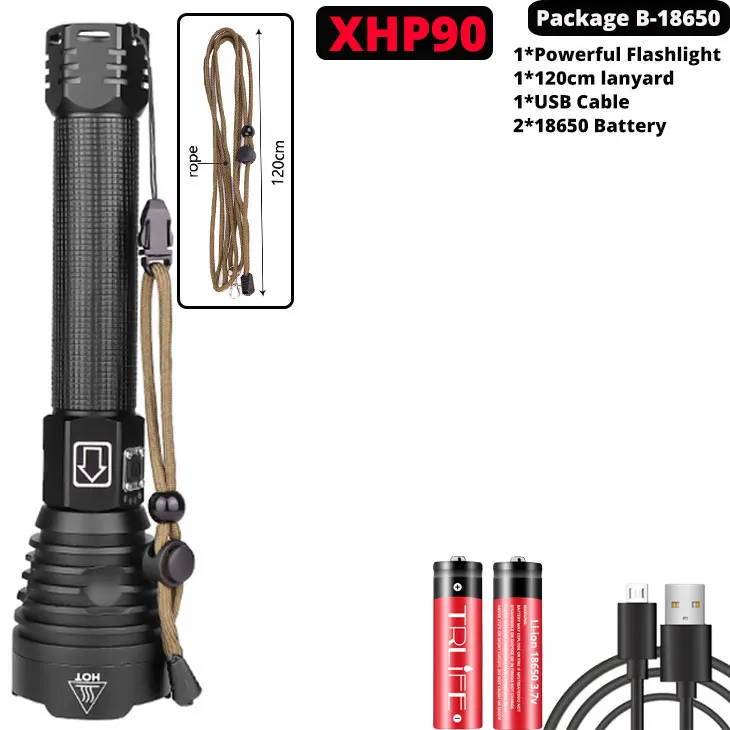 Package B-XHP90 XHP70.2 XHP90 USB Перезаряжаемый светодиодный светильник-вспышка XHP70 мощный фонарь супер водонепроницаемый охотничий светильник с зумом 18650 или 26650 Battey - Испускаемый цвет: Package B-XHP90