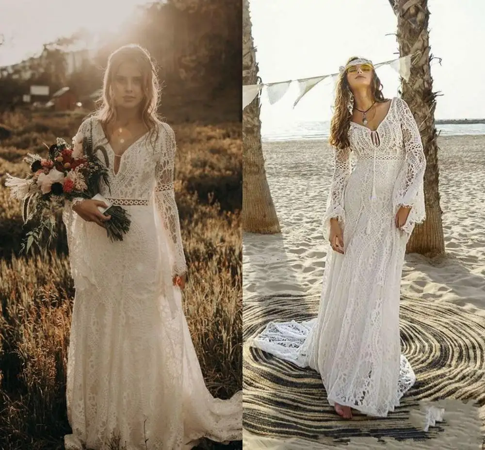 

Boho Lace Wedding Dresses For Bride V-neck Flare Long Sleeves Sexy Backless Bohemian Beach Bridal Gowns Summer Robe De Mariee