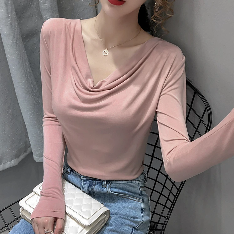 Solid Full Sleeve T-shirts Girls Heaps Collar Solid Thin Tshirts Tops For Woman 2020 Early Autumn