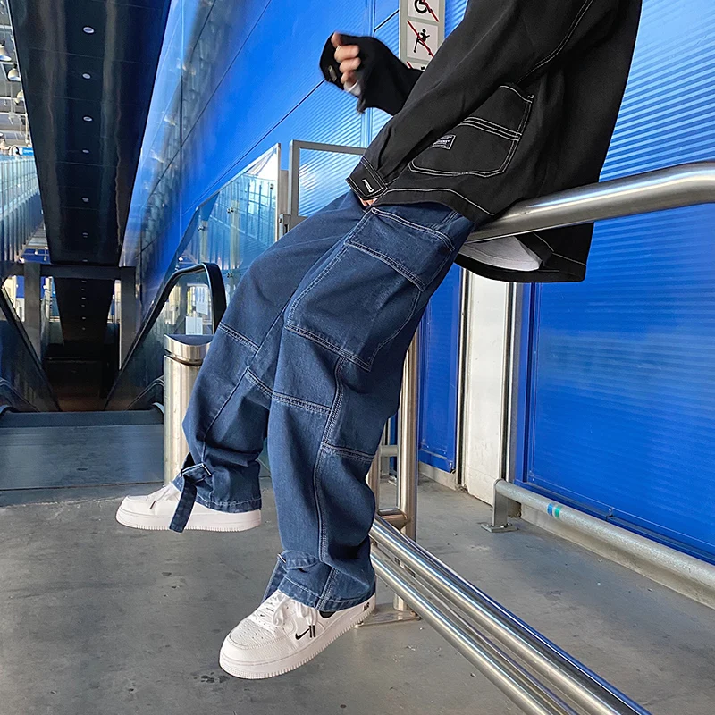 

Джинсы-карго мужские с широкими штанинами, свободные прямые мешковатые брюки из денима, уличная одежда, брюки для скейтборда в стиле хип-хоп...