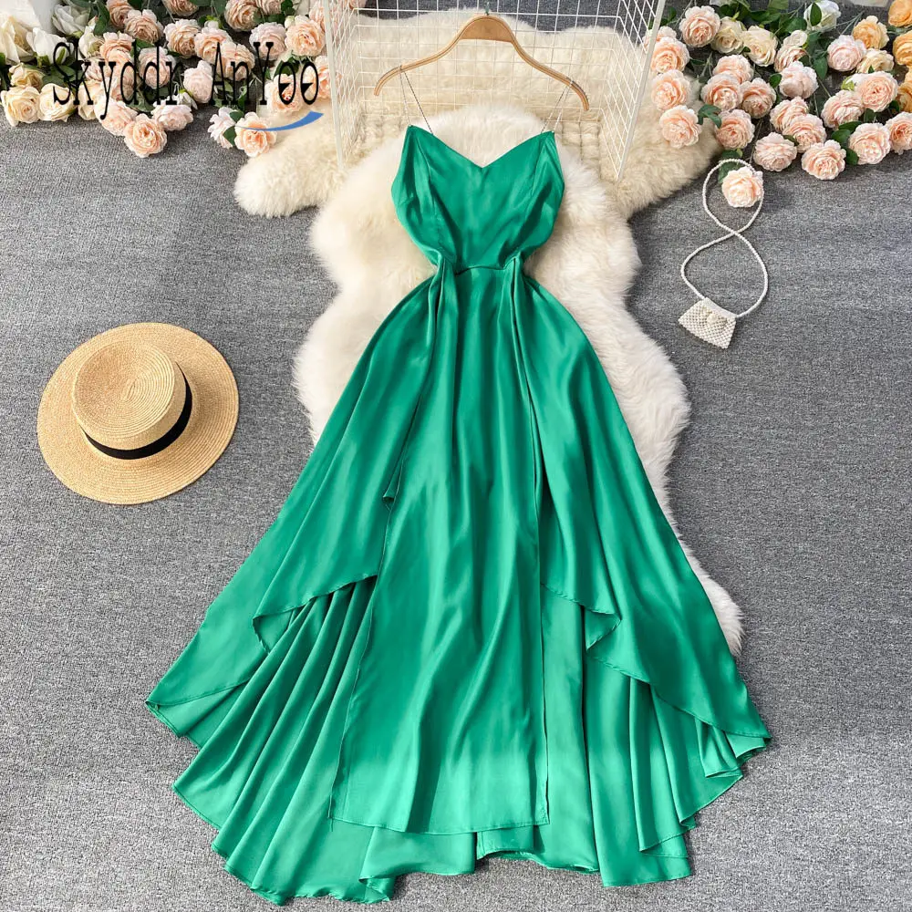 

Женское длинное платье на бретелях-спагетти, зеленое асимметричное Пляжное Платье макси с открытой спиной и V-образным вырезом для отпуска, ...