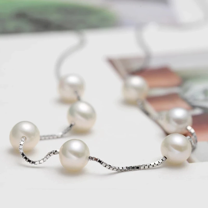 

gN Pearl 925 Sterling Silver 7-8mm Genuien White Natural Freshwater Pearl Necklace Long Chain Fine Jewelry for Women gNPearl