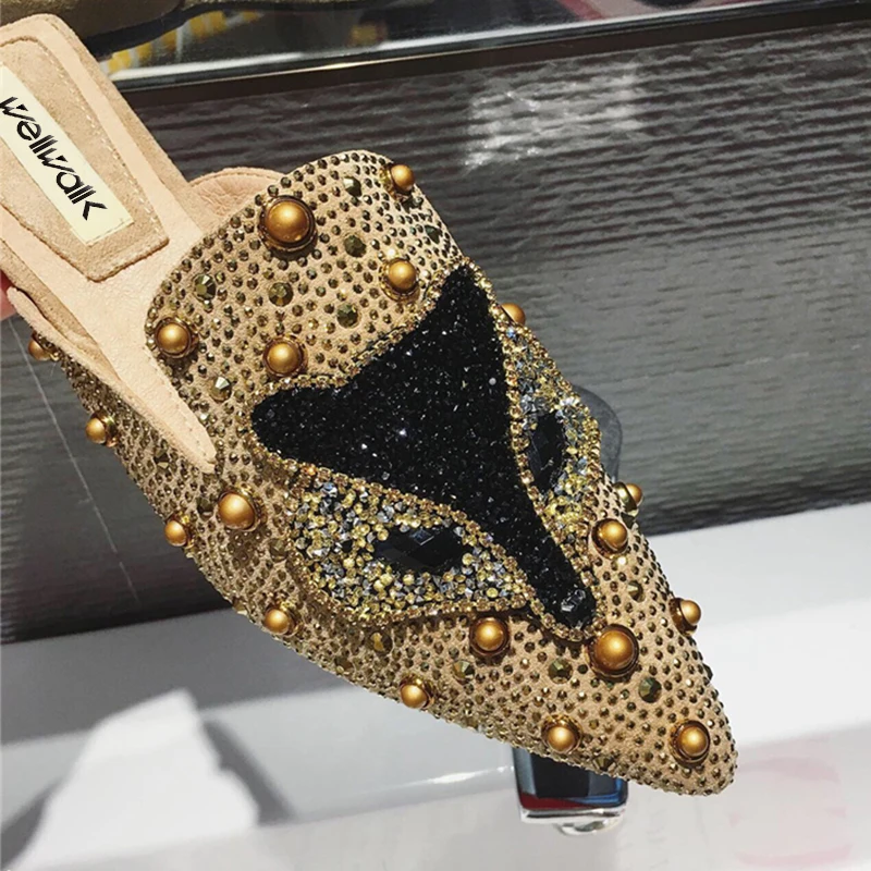 Туфли женские без шнуровки лоферы со стразами лиса заостренный носок заклепки