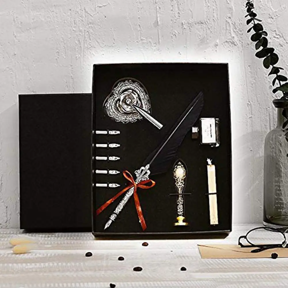 

Retro Feather Quill Pen Set Dip Pen Sign Pen Kit Perfect Gift Quill Pen Holder Set Ink Bottle With Wax Seal Stamp