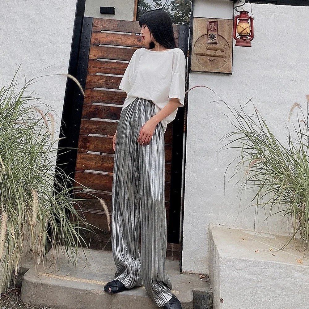 

Брюки женские плиссированные с блестками, модные повседневные свободные прямые штаны в уличном стиле, весна-осень 2021