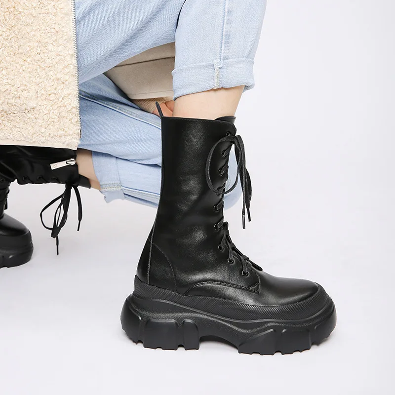 

Prowow 2021 Black Womens Boots Round Toe Platform Mid-Calf Lace Up Fashion Ladies Street Shoes Thick Bottom Solid Color Booties