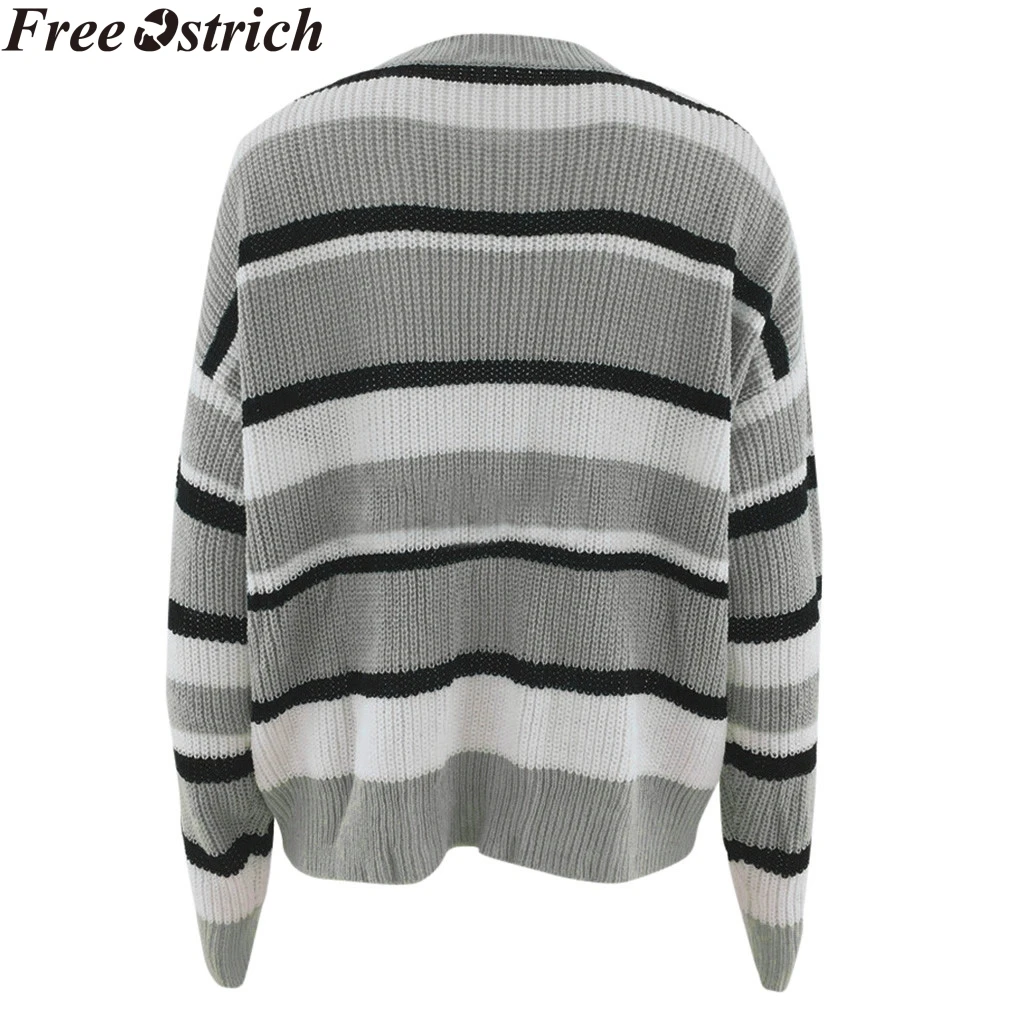 

Women Knitted Loose Sweater Oversize Striped Print Fashion Long Sleeve Casual Pullover Plus Size Winter Sweater Ladies Tops