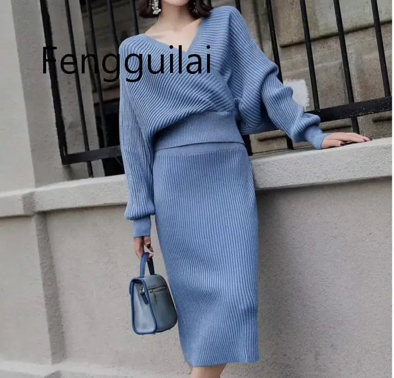 

Spring Bling Knitted 2 Piece Set Women Lantern Sleeve V Neck Sweater Elastic Waist Knitted Skirt Female Sweater Suit
