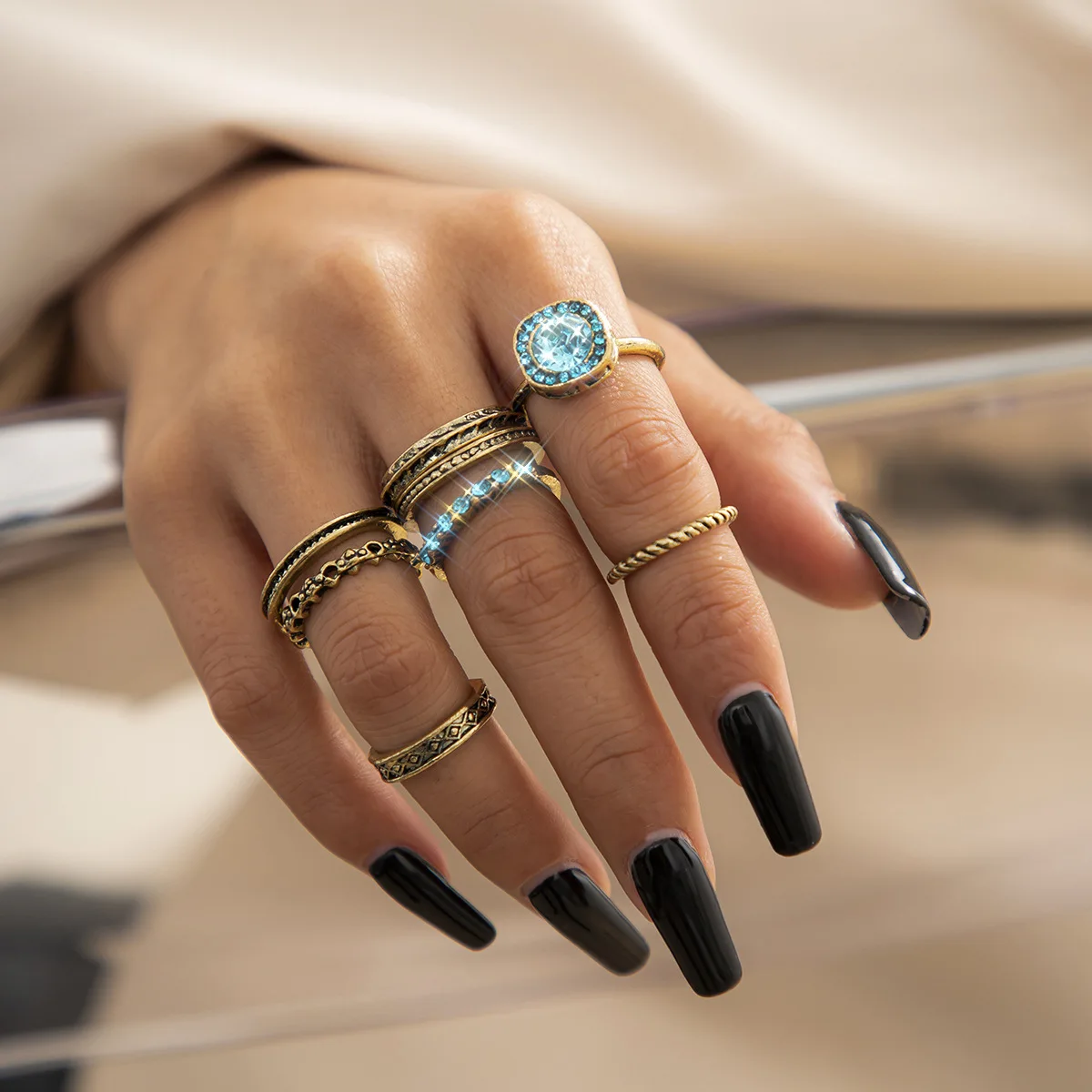 

GREEN Jewelry Vintage Rings Set 8 PCS Punk Gold-plated Copper Female Free Shipping Hip Hop Kpop Bohemian Women Ins Boho