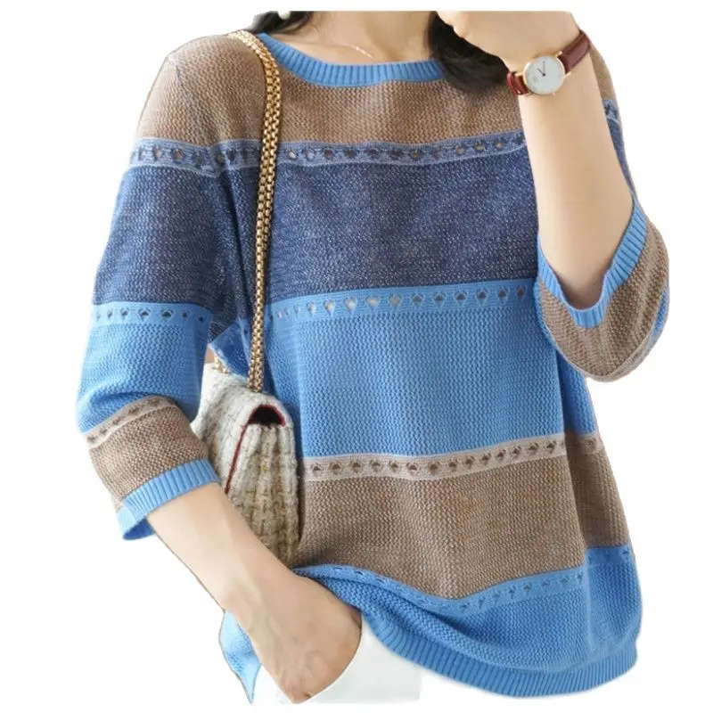 

Женский свитер в полоску, свободный винтажный пуловер в полоску с вырезами, тонкий свитер для женщин, весна-лето 2021