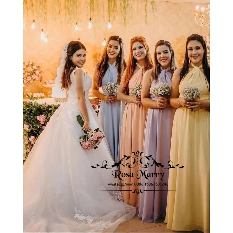 

Elegant Plus Size Long Chiffon Bridesmaids Dresses 2021 A Line Halter Country Beach Wedding Guest Prom Gowns Maid of Honors
