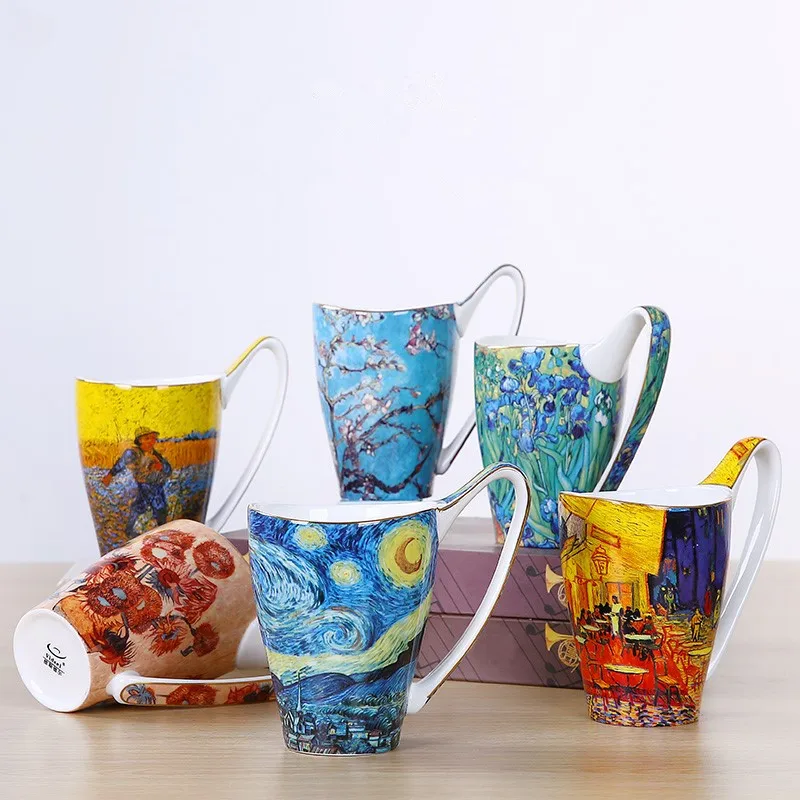 

Набор кофейных чашек Ван Гога, кружки ручной работы с подсолнухом звездного неба, кофейные чашки, Высококачественная кружка для чая из кост...