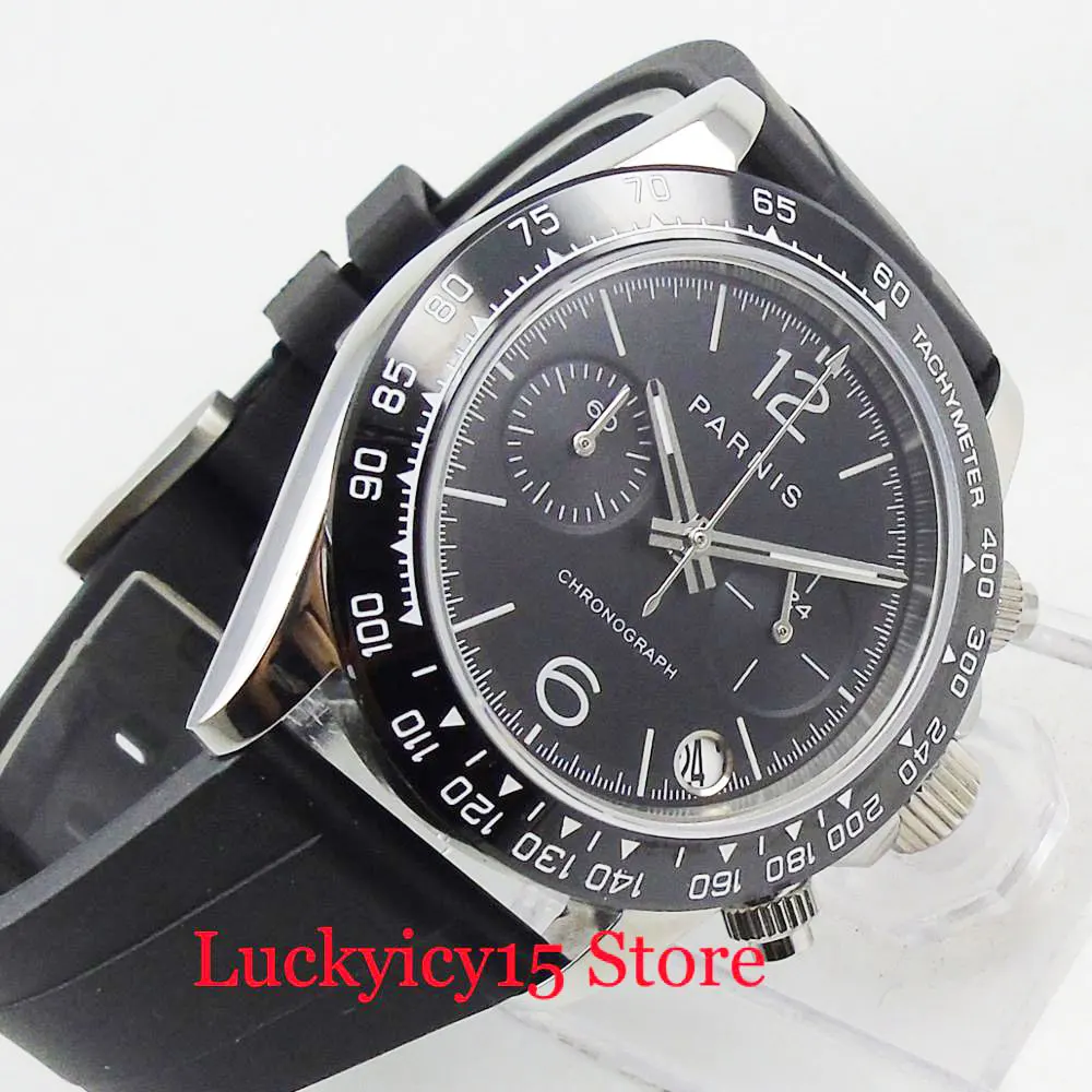 PARNIS Хронограф Функция 39 мм кварцевые мужские часы полированные корпус резиновый