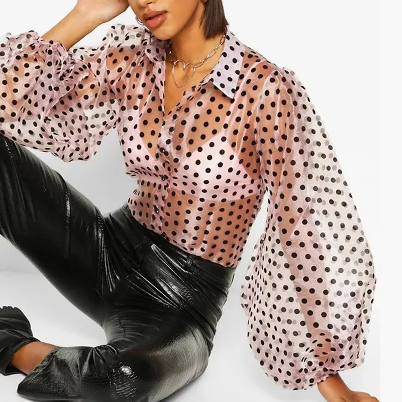 

2021 Summer New Style Women Sexy Perspective Polka Dot Lantern Sleeve Leopard Mesh T-Shirt Blouse Tops Bikini Cover Ups