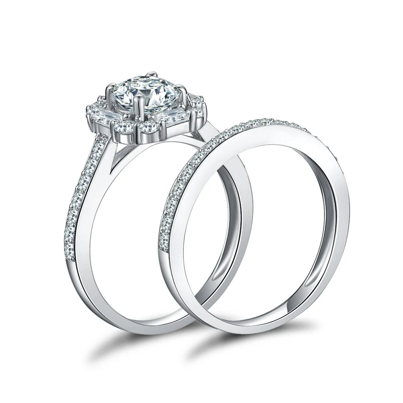 

ANZIW Round Cut SONA Halo Setting 925 Sterling Silver Women Wedding Ring Set Engagement Band Bridal Sets Classic Women Ring Gift