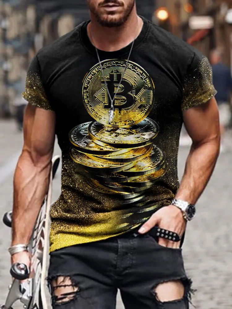 

2021 Summer Men's T-shirt Bitcoin Printing Black T-shirt Round Neck 3D Printing T-shirt Beach Large Size Top S-6XL