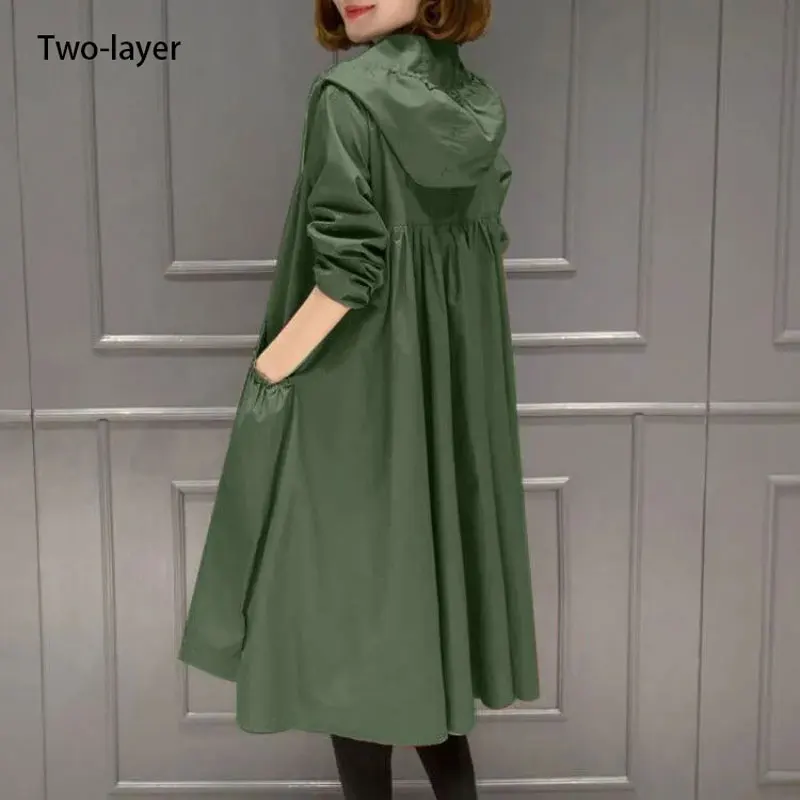 

Fashion Loose Long Women's Trench Coat (With Lining )Black Zipper Pocket Hooded Windbreaker Spring Straight Clothes Oversized