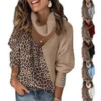 woman sweaters knitted leopard patchwork turtleneck sweaters pullover jumpers button long lantern sleeve loose women sweaters
