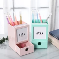 kawaii desk 2022 calendar pen holder desktop cosmetic pencil pen storage box creative school stationery office supplies