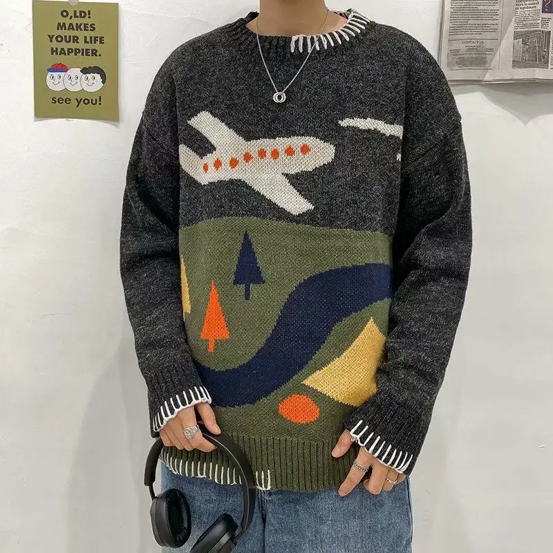 DIMI Cartoon Jumper Sweater Couple Harajuku Vintage Streetwear Airplane Sweaters Autumn Winter Men Knitted Pullover Women