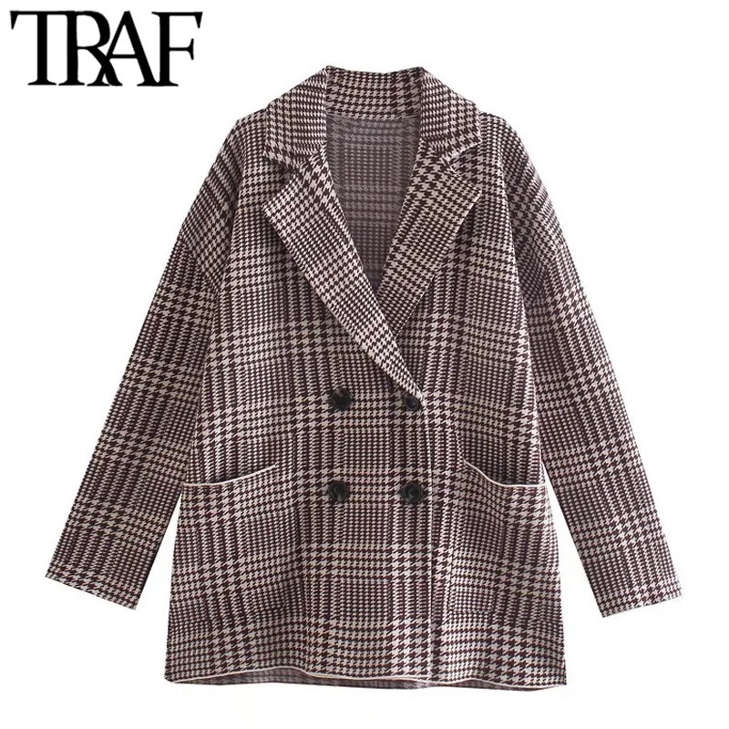 

TRAF Women Fashion Oversized Houndstooth Knit Blazer Coat Vintage Long Sleeve Patch Pocket Female Outerwear Chic Veste Femme