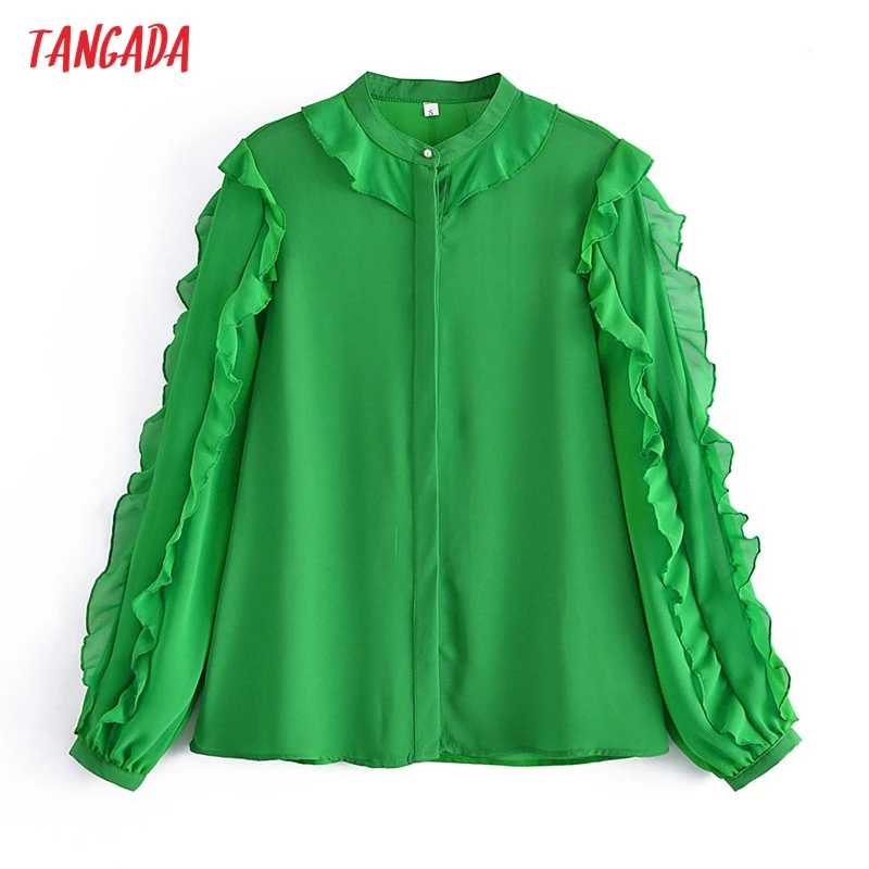 

Блузка женская зеленая с оборками и длинным рукавом, SW24