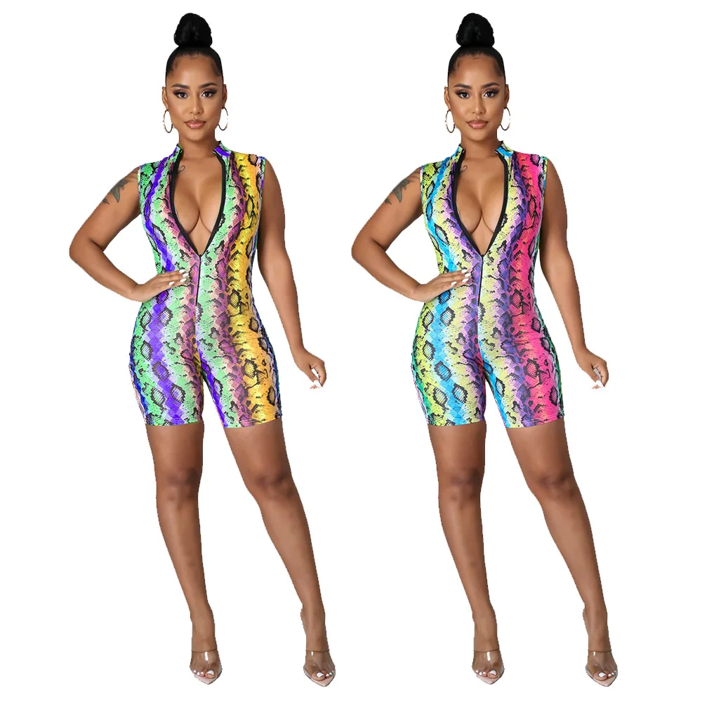 

Summer New Women Swimwear Bodysuit Deep V Neck Sexy Playsuits Sleeveless Rompers Patchwork Bodycon Rompers Beach Jumpsuit Shorts