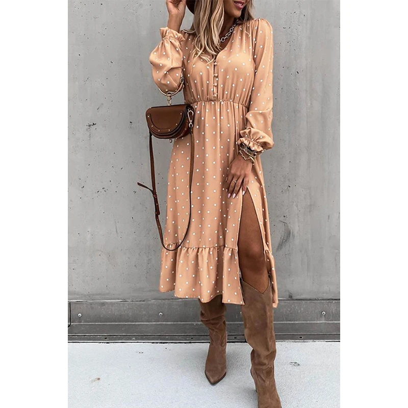 

LUCKYFRIDAYF Apricot Button Polka Dot High Slit Ruffled Midi Dress V Neck Woman Vestido De Mujer Kobieta Sukienka Dresses XL