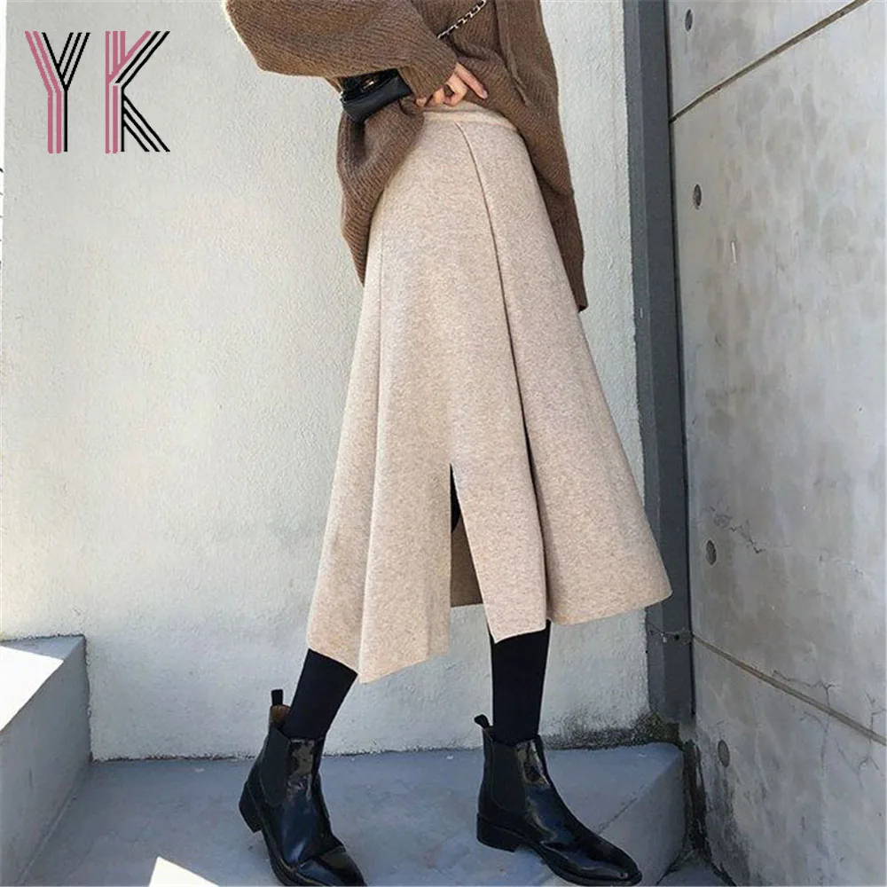 

Irregular Gothic Knitting Side Slit High Waist Midi Skirts Harajuku Korean Elastic Band Sukienka Autumn Winter Drape A-Line Saia