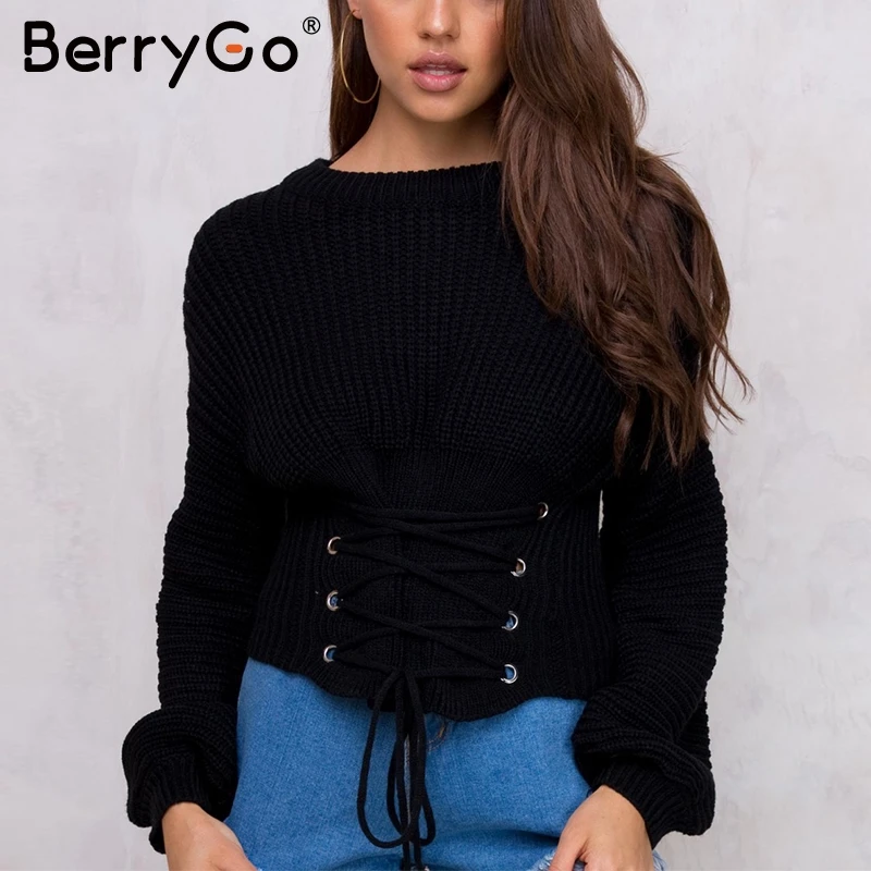 BerryGo Lace up waistband knitted pullover sweater Women black warm long sleeve jumper Autumn winter 2017 knitting pull femme | Женская