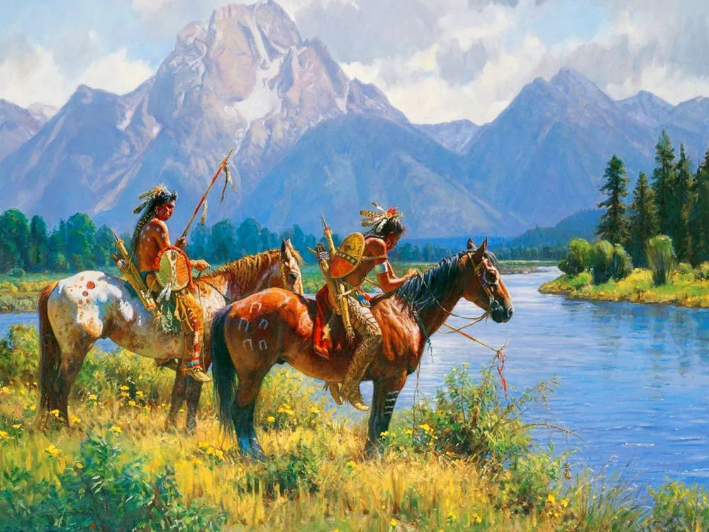 

GOOD quality -TOP Western Art oil painting-American natives Indian with horse River landscape painting on canvas