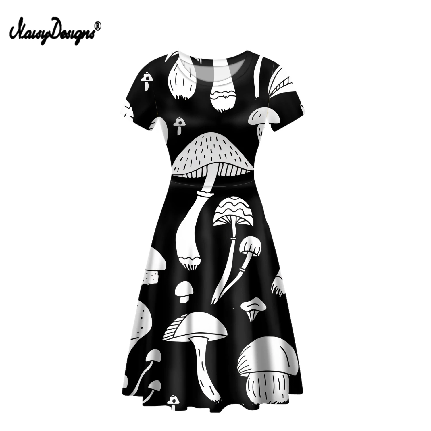 

NOISYDESIGNS Harajuku Style Mushroom Prints Women Summer Dress Casual Round Neck Short Sleeve A-line Beach Midi Dresses Vestidos