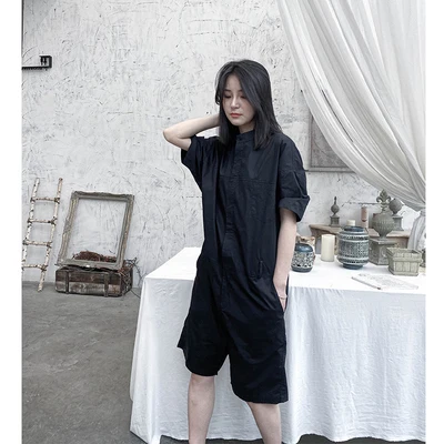 Темный черный комбинезон в стиле ретро летний с коротким рукавом 2020 | Женская