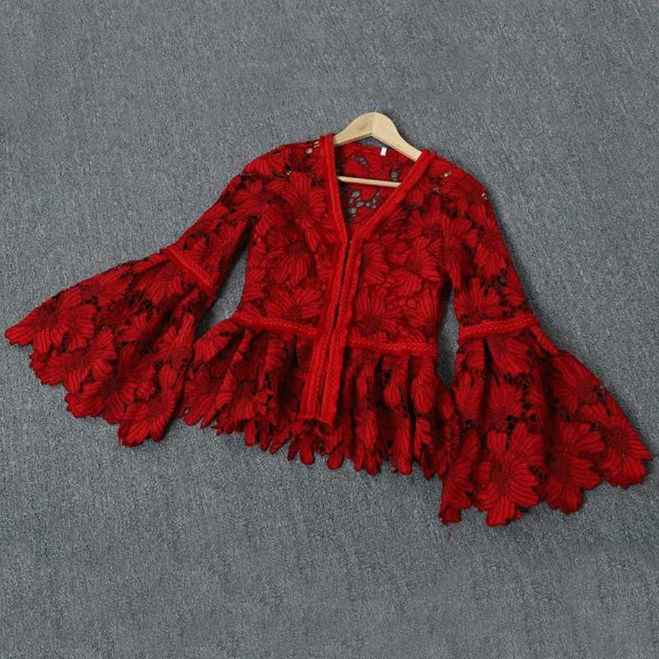 

High quality 2019 spring new elegant red women's tops tops lace hollow V-neck long-sleeved shirt party street clothing top