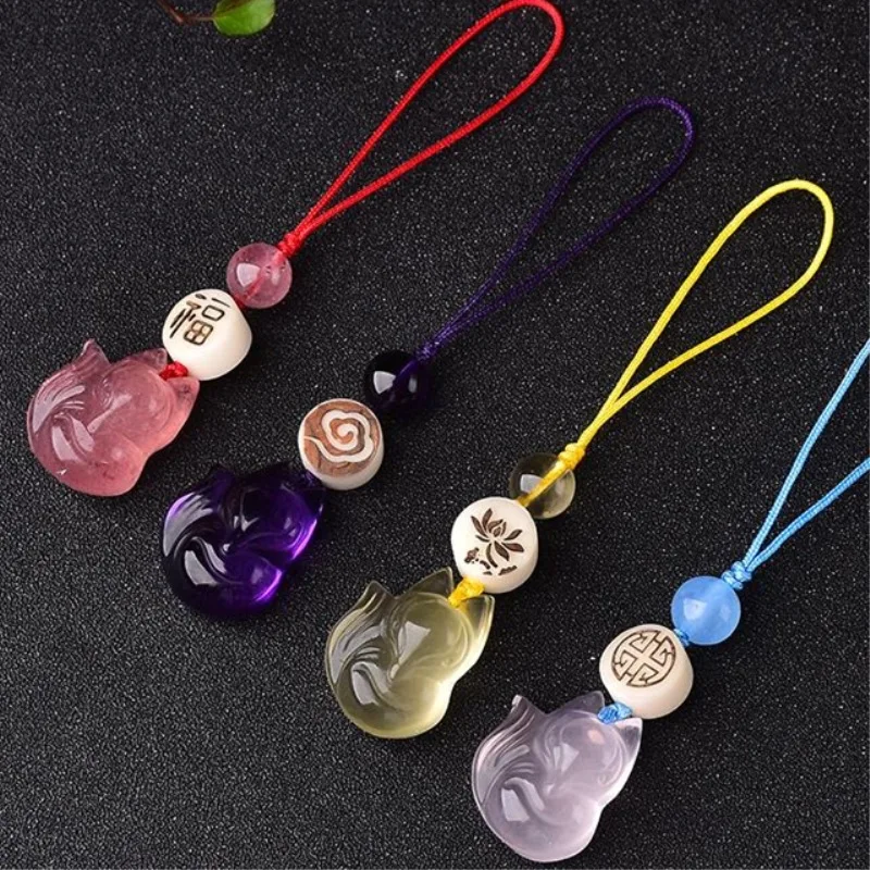 

Original DIY mobile phone chain strawberry crystal citrine powder crystal nine-tailed fox phone lanyard key chain amethyst fox