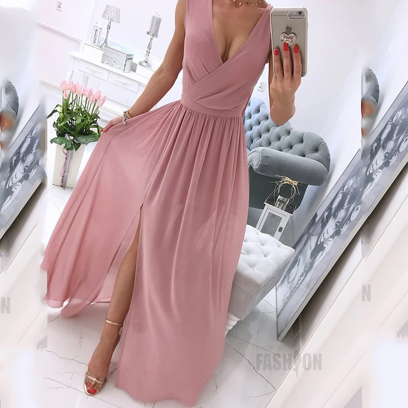 

Женское однотонное летнее платье Макси без рукавов с глубоким V-образным вырезом и разрезом