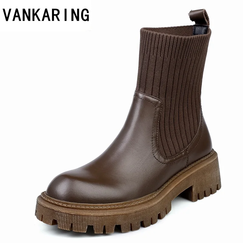 

european pop genuine leather retro ankle boots for women black brown martin boots autumn winter sock boots platform casual shoes