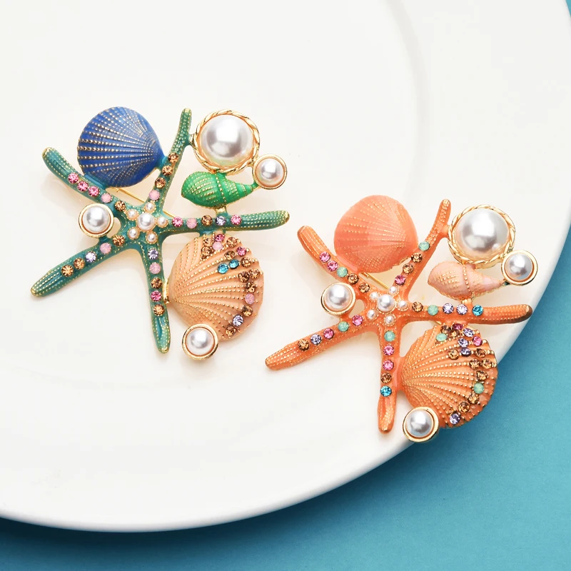 Женская эмалированная брошь Wuli &amp baby с жемчугом морской звездой животным для