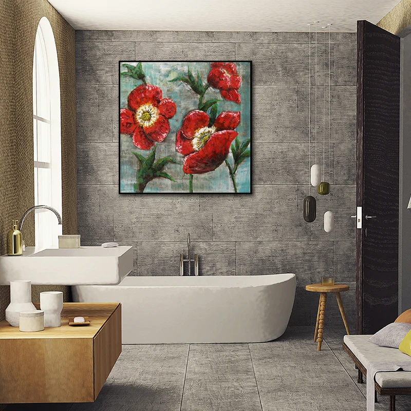 Картина из трех красных цветов и зеленых листьев в стиле ретро винтажная на