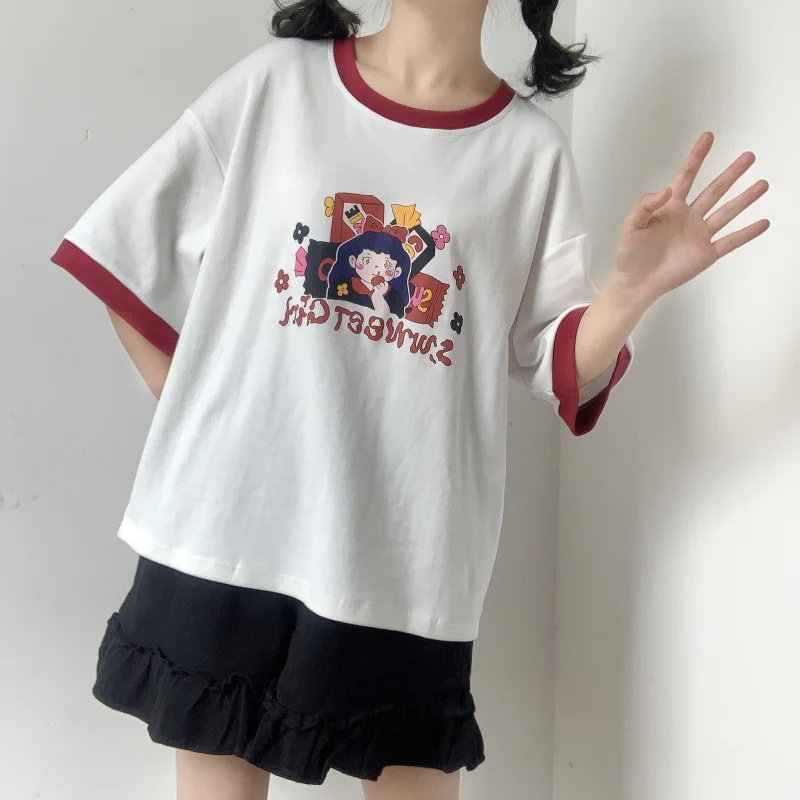 

Japanese Kawaii Girl Summer New Girl Heart T-shirt Spell Edge Round Neck Pullover Women's Short-sleeved T-shirt Top