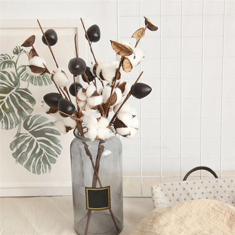 

5 головок искусственный хлопок стебли фермерский дом стиль дисплей наполнитель цветочный хлопок сушеные цветы украшение домашний стол под...