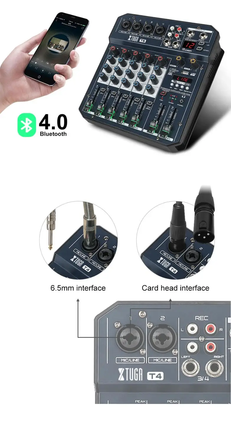 XTUGA T4/6 микшер каналов аудио с DSP эффектом Bluetooth USB цифровой DJ ревербератор стерео