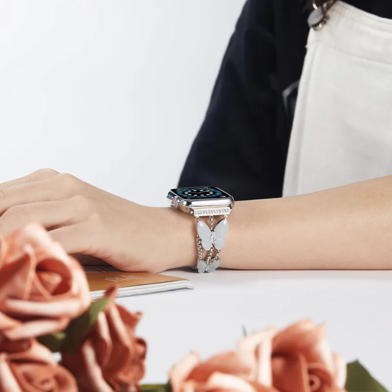 Case+belt For Apple Watch Band 44 40 38 42mm Women Stainless Steel Bracelet Diamond Butterfly for iwatch Series SE 7 6 5 4 3 2