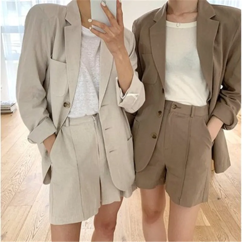 

CBAFU Cotton Linen Two Piece Set Women Notched Long Sleeve Blazer Jacket + High Waist Shorts Set Korean Solid Vintage 2020 F476