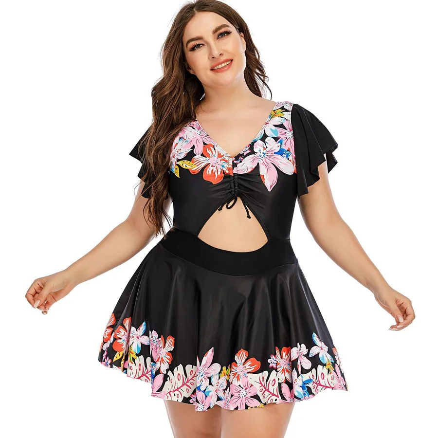 

Summer Floral Print Large Size Women's Swimwear 4XL 5XL One-piece Swimsuit Cut Out Beauty Lace Push Up High Waist Bathing Suits