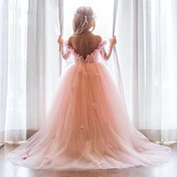 pink flower girl dress white tulle puffy princess dresses for girls feather first communion dress cute girl wedding party gown
