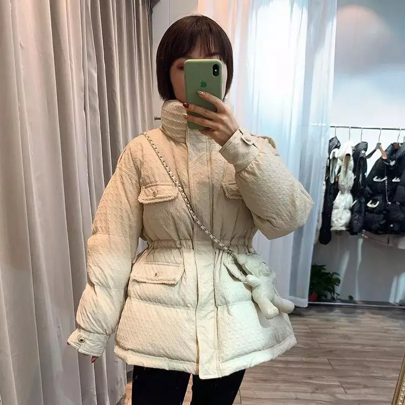 Fashion Women Solid Mid-Length Warm Winter Down Jacket Women Causal Stand Collar Drawstring Chic White Duck Down Coat Parkas