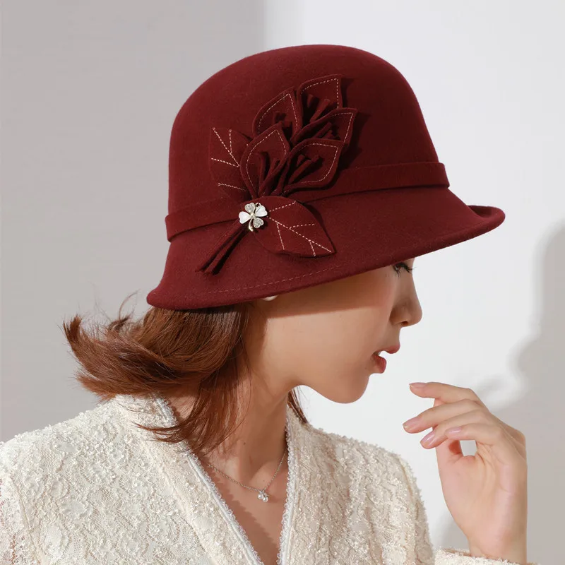 

Winter Wool Felt Fedora Hats For Women Wide Brim Black Church Cap Ladies Vintage Bowler Hat Pink Dome Chapeus